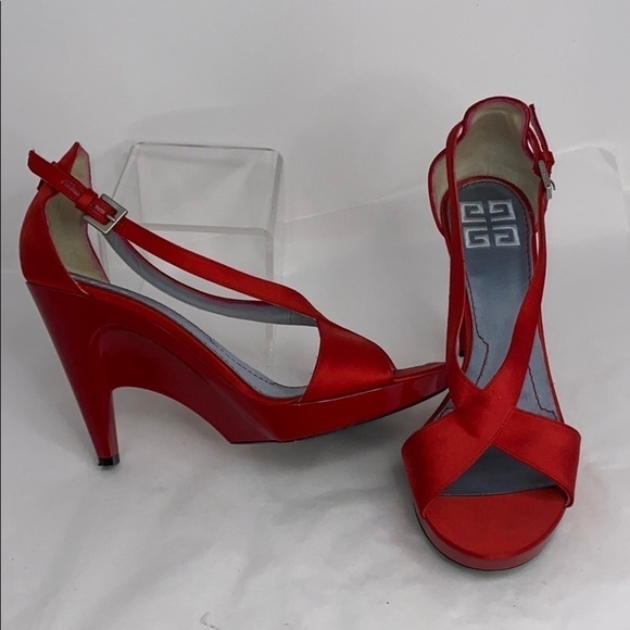 Givenchy Sz 39 Red Satin High Heel Wedge Sandals - Picture 4 of 13